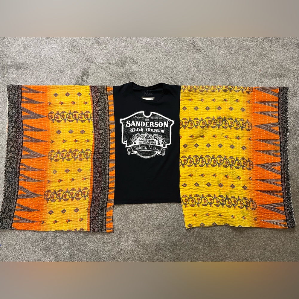 Upcycled “Sanderson Witch Museum” Hocus Pocus T-Shirt Vibrant Kantha Sleeves - Picture 2 of 5